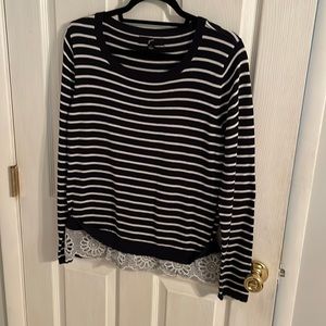 Fun navy and white striped sweater by Grus with scalloped edge. Size large.